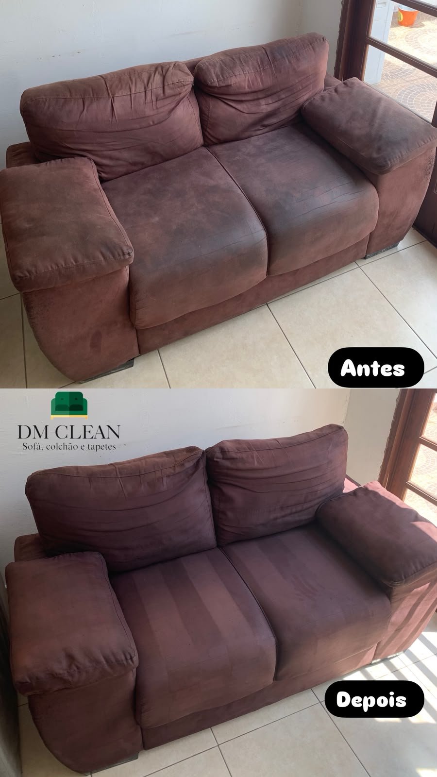 Antes e depois da higienização de um sofá marrom
